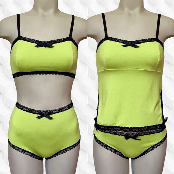 Chartreuse bralette, camisole with split sides, bikini and high waist panties with black lace elastic and black satin bow