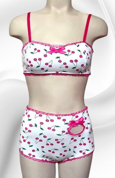 Cherry print bralette and matching high waist panties with fuschia ruffle elastic, fuschia satin bow and peek-a-boo cutout