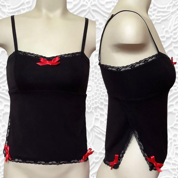 Front and side view of Rizzo camisole in Noir bamboo with split sides and red satin bows at bottom corners and centre front
