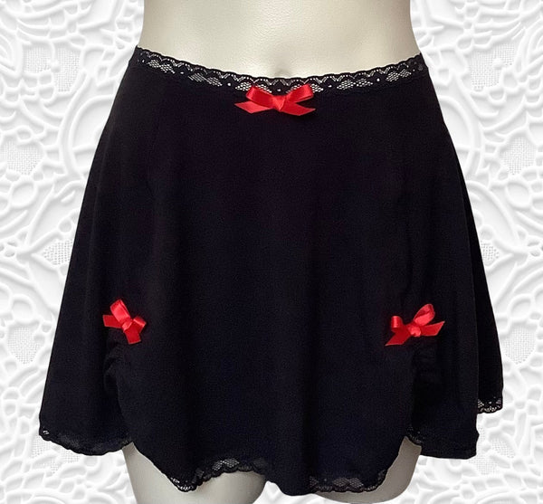 Blush bamboo jersey skirt with ivory lace elastic, ruching and ivory satin bows