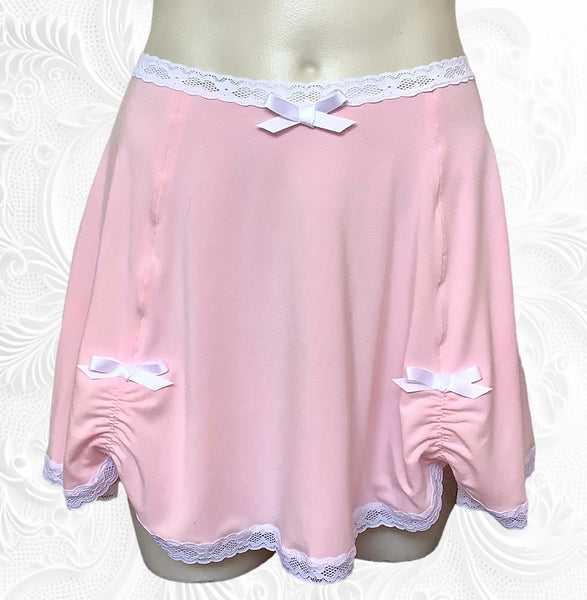 Blush bamboo jersey skirt with ivory lace elastic, ruching and ivory satin bows