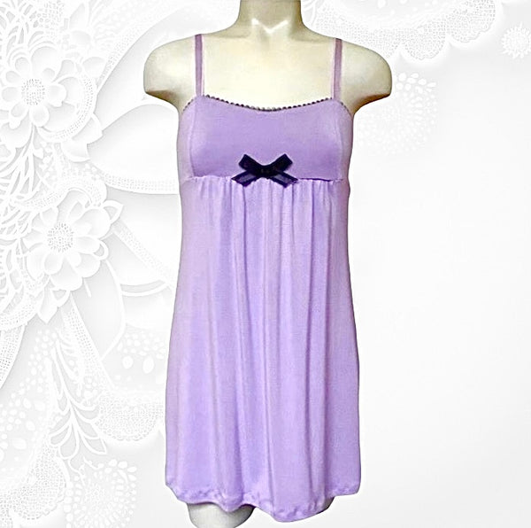 Lilac bamboo empire waist gathered nightgown with black looped elastic with black organza bow