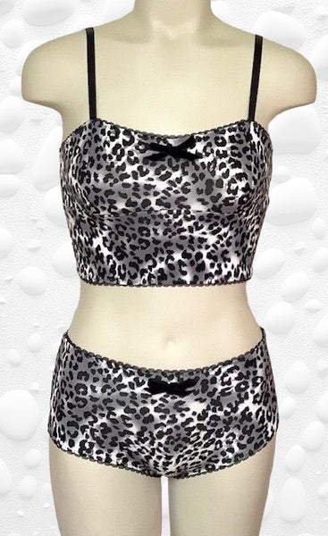 Longline bralette and matching high waist panties in leopard print bamboo with black scalloped elastic and black velvet bow