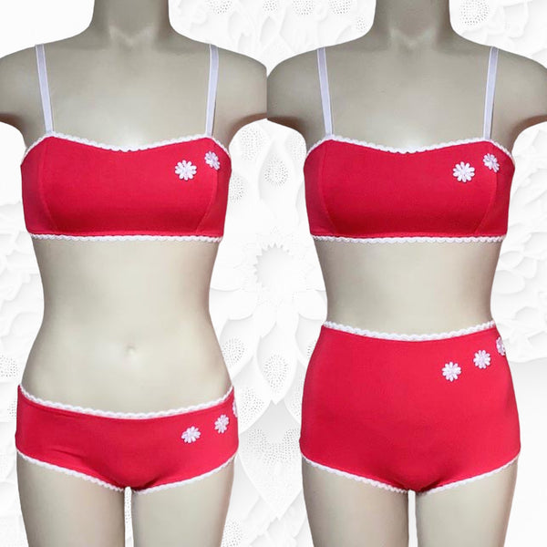 Coral bamboo jersey bralette with matching hipster and high waist panties with white ric rac elastic and daisy appliques 