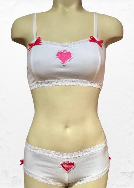 white bralette and matching hipster boy shorts with white lace elastic, Princess appliqué and fuschia satin bows